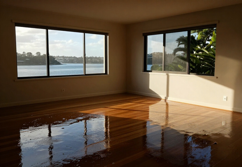 Flooded living room in Newport home before restoration