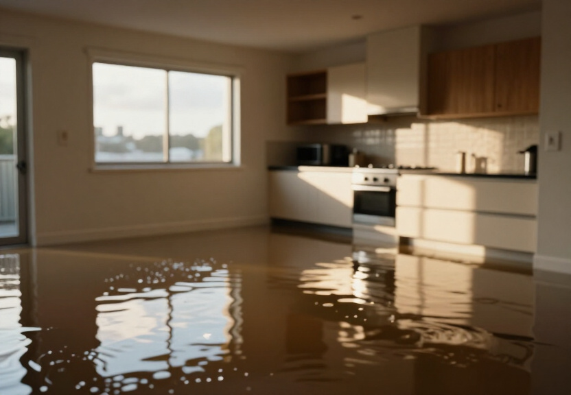 Flooded commercial space in Newport before drying